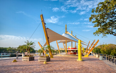 Fototapeta premium Guayaquil, Guayas, Ecuador - November, 2013: El Malecón del Salado (Pier of the Salty) is a boardwalk along a salt water estuary, built under the municipality of Jaime Nebot in 2009. 