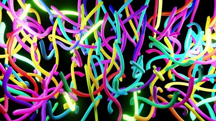 3d abstract background with neon light, multicolored flashes of light bulbs of unusual shapes. Curved lines flash bright. Motion design bg. 3d render