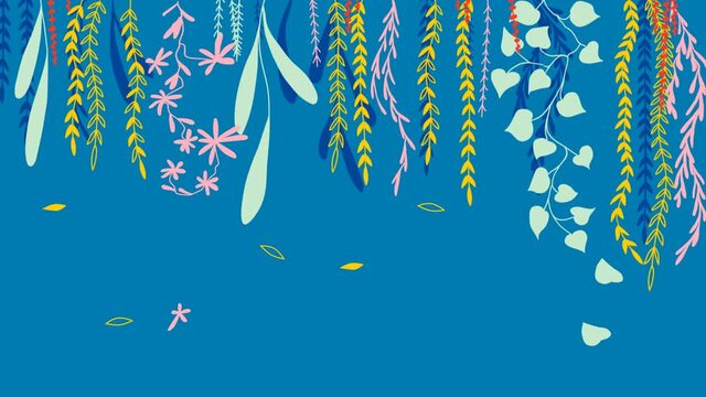 Animation with hang on plants leaves botanical patterns cartoon style with floating leaf