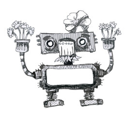 Robot holding flowers. A funny and kind human helper. Ink drawing.