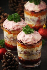 Dressed herring or herring under fur - traditional Russian salad