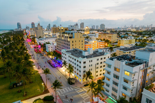 Aerial photo hotels in Miami Beach on Ocean Drive