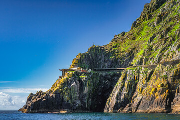 Helipad and shelter houses on the edge of cliff of Skellig Michael island. Star Wars film location,...