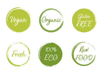 Vector green organic labels, bio emblems collection for menu or natural products packaging. Fresh vegan raw food eco friendly premium quality locally grown healthy food stickers on white.