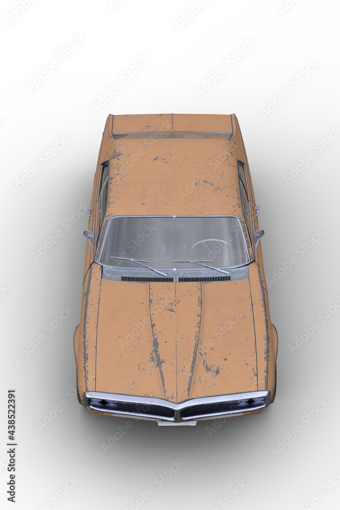 Poster 3d rendering of an old retro american muscle car with rusty yellow body isolated on white background