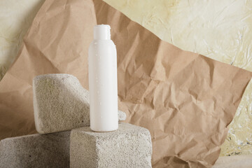 soap and cream containers on concrete podiums packaging for cosmetics for skin care. Cosmetic beauty product branding mockup. Copy space
