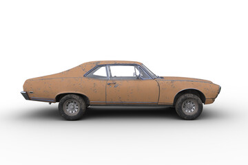 Side view 3D rendering of an old retro American muscle car with rusty yellow body isolated on white background.