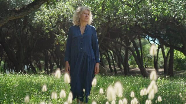 A European woman, middle-aged in a dress, walks on a prak with tall grass. With a philosophical romantic mood. Slow motion