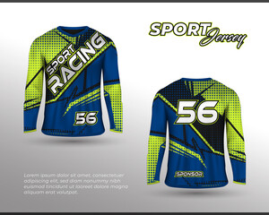 Long sleeve sports racing suit. Front back t-shirt design. Templates for team uniforms. Sports design for football, racing, cycling, gaming jersey. Vector.