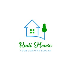 Home logo for lodging business, with the theme of a healthy environment with lots of trees