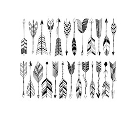 Rustic decorative arrows with feathers elements. Set of boho arrows with different tips and plumage. Hand drawn vintage vector collection. Vector black doodle elements isolated on white background