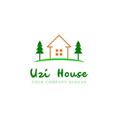 Home logo for lodging business, with the theme of a healthy environment with lots of trees