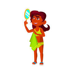 happy indian girl with towel looking mirror reflection cartoon vector. happy indian girl with towel looking mirror reflection character. isolated flat cartoon illustration
