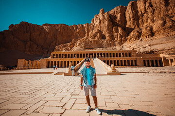 A Caucasian male traveling in Mortuary Temple of Hatshepsut, Egypt