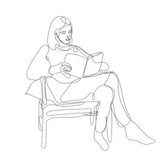 One line woman sitting on a chair and reading a book.. Vector illustration isolated on background.