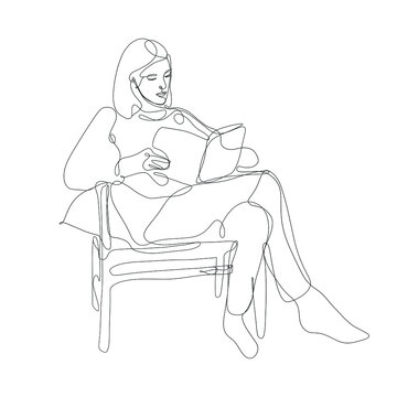 recommend clip art: One line woman sitting on a chair and reading a book.. Vector illustration isolated on background.
