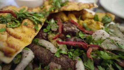 Lebanese cuisine. Assorted different meat on the grill, lamb and chicken - Powered by Adobe