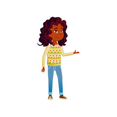 smiling african girl offering to buy goods cartoon vector. smiling african girl offering to buy goods character. isolated flat cartoon illustration