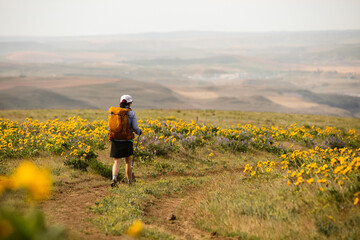 Female hiking among wild flowers