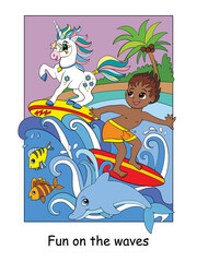 Cute boy and unicorn surf on the waves vector