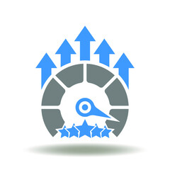 Indicator with arrows up and five stars vector illustration. Benchmarking symbol. Benchmark icon. Customer satisfaction, rating sign.