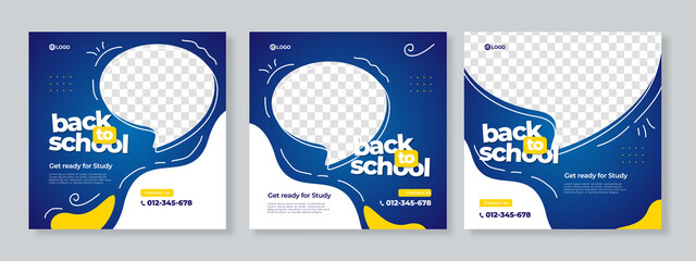 Set of three blue yellow organic fluid background of back to school social media pack template premium vector - obrazy, fototapety, plakaty