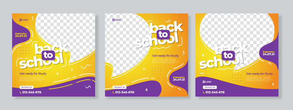 Set of three yellow purple organic fluid background of back to school social media pack template premium vector