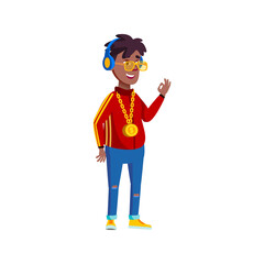 rap style boy kid listening music in headphones and gesturing ok cartoon vector. rap style boy kid listening music in headphones and gesturing ok character. isolated flat cartoon illustration