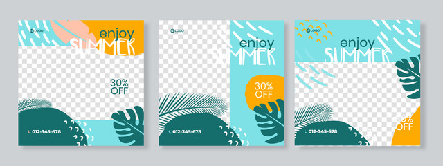 Set of three enjoy summer social media pack template premium vector