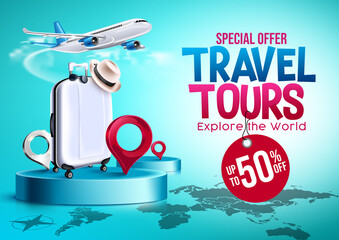 Travel tours sale vector banner design. Travel tours special offer text up to 50% off with luggage and airplane travelling elements for worldwide price discount advertisement. Vector illustration
