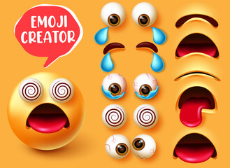Emoji creator vector set design. Smiley 3d character in dizzy facial expression with editable face elements like eyes and mouth for emojis creation design. Vector illustration
