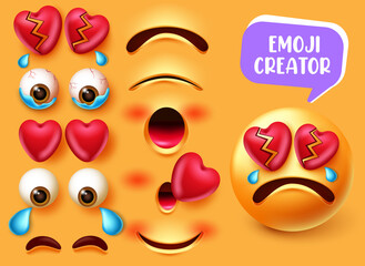 Emoji creator vector set design. Smiley 3d in crying and broken heart character with editable eyes and mouth face kit elements for creation emojis facial expression. Vector illustration
