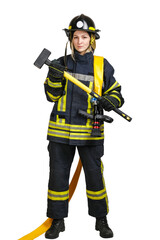 Full-length young brave woman in uniform and hardhat of fireman with fire hose on shoulders and sledgehammer in hands isolated on white background. 
