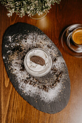 Delicious cake with coffee, wine