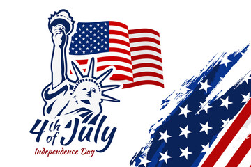Independence day of the USA 4 th july. American flag colors paint stroke with illustration of liberty. Happy independence day, vector lllustration. Suitable for greeting card, poster and banner.