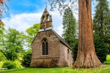 Small church and sequoia tree in the spa gardens of Bad Wildbad / Black Forest in the spa park