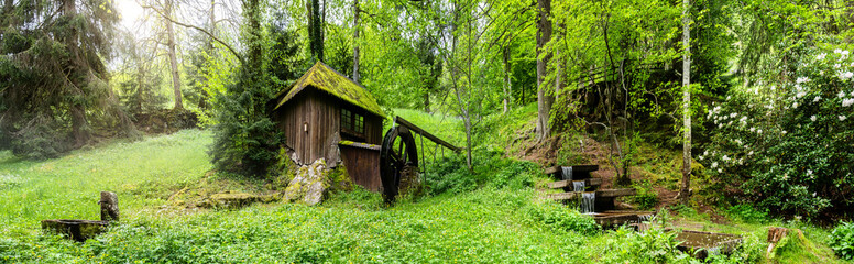 Old water mill in the spa gardens of Bad Wildbad / Black Forest - obrazy, fototapety, plakaty