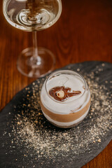 Delicious cake with coffee, wine