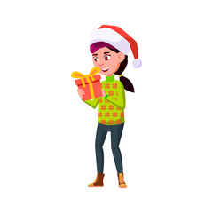xmas mood girl wear santa hat opening new year present cartoon vector. xmas mood girl wear santa hat opening new year present character. isolated flat cartoon illustration