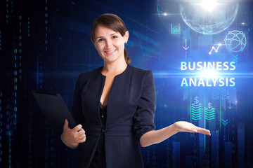Business, Technology, Internet and network concept. Young businessman working on a virtual screen of the future and sees the inscription: Business analysis