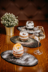 Delicious cake with coffee, wine