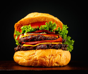 Artisan bread burger, organic vegetables with black background