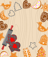 With baking sheets, gingerbread cookies, pot holders and a rolling pin. Gingerbread cookie. Vector illustration. For creating prints, cards, invitations, banners, price tags, covers and other designs.