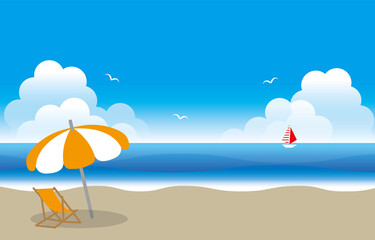 Fototapeta na wymiar 真夏の青空と海と砂浜の風景イラスト