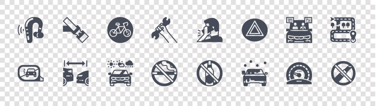 Safe Driving Glyph Icons On Transparent Background. Quality Vector Set Such As Makeup, Snow, No Smoke, Car, Talking, Bicycle, Call, Seatbelt