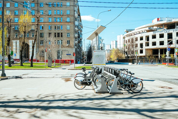 city bike parking for rent. Alternative eco-friendly form of urban transport.