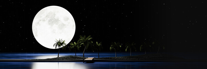 Full moon night, many stars fill the sky. A wooden bridge extends down to the sea or the pier, with coconut trees along the way. Romantic scene by the sea on a full moon wooden bridge. 3D rendering.