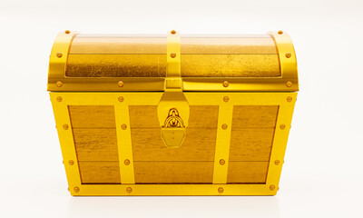 Treasure chest made of gold. Antique chest made of wood and metal, painted gold. Antique padlock locks the treasure chest. on a white background. 3D rendering