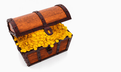 Numerous gold coins spilled out from the treasure chest. Old-style wooden treasure chest tightly assembled with rusted metal strips. 3D Rendering
