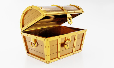 Treasure chest made of gold. Antique chest made of wood and metal, painted gold. Antique padlock locks the treasure chest. on a white background. 3D rendering